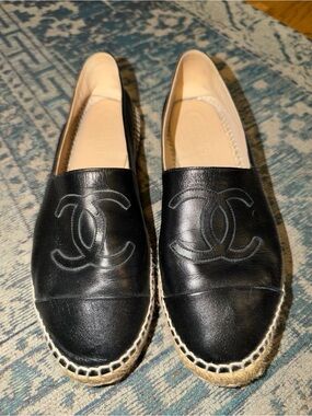 CHANEL Black Leather Espadrille Slip-Ons with Logo 40